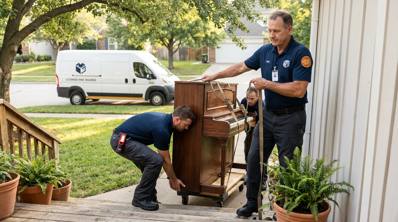 Licensed piano movers securing grand piano in Sonora, CA