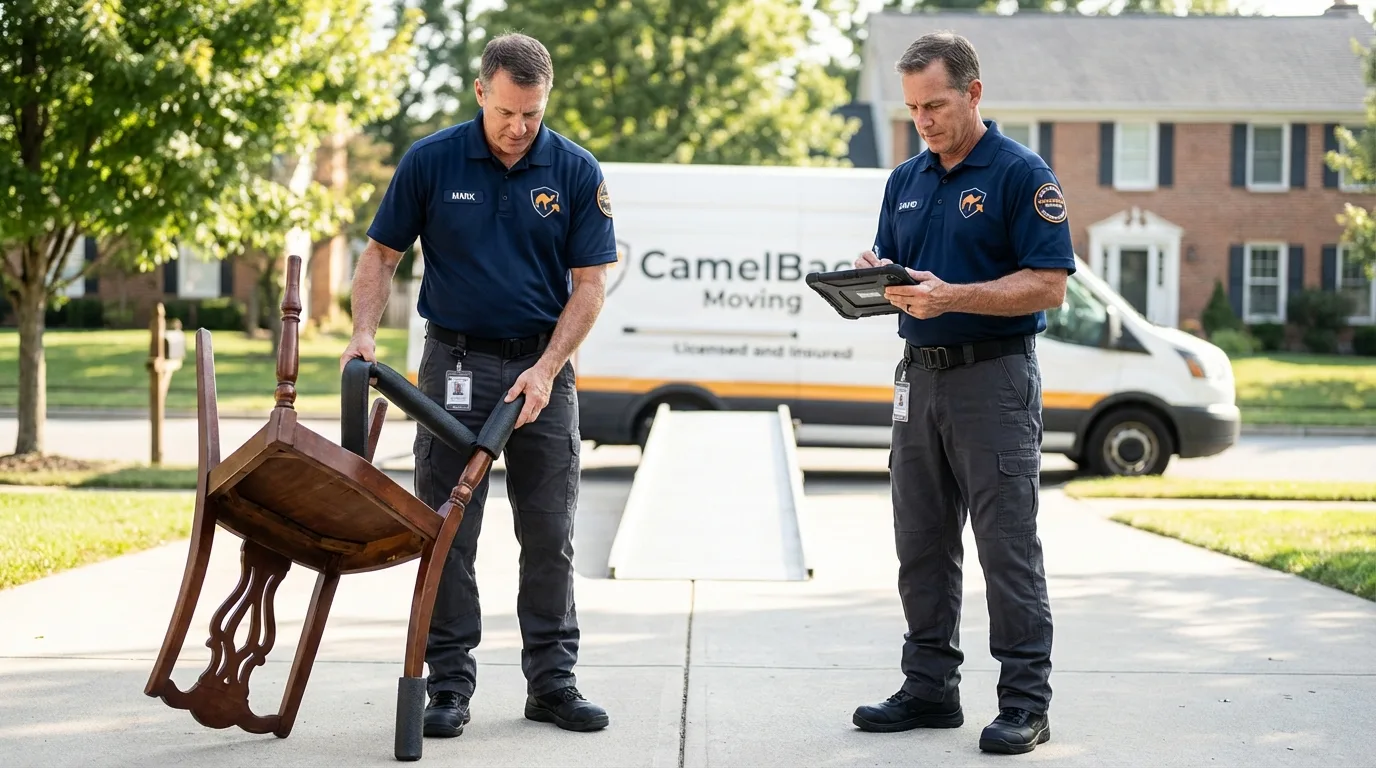 Movers inspecting furniture for damage prevention before loading in Sonora, CA