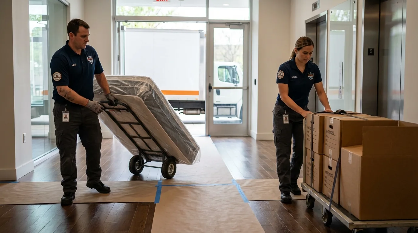 Professional apartment movers loading elevator in Sonora, CA