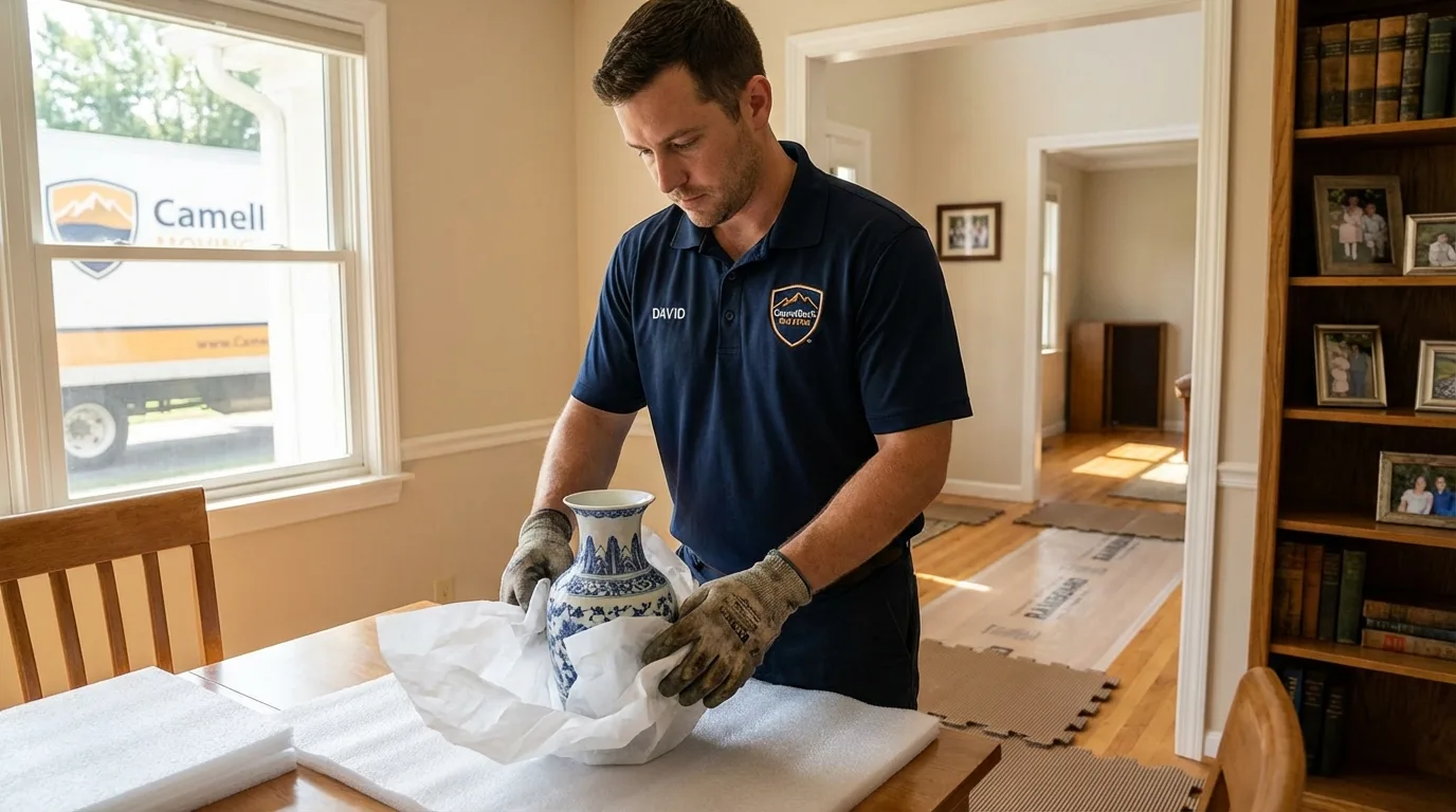 Professional crew carefully wrapping antique vase for senior downsizing move in Sonora, CA